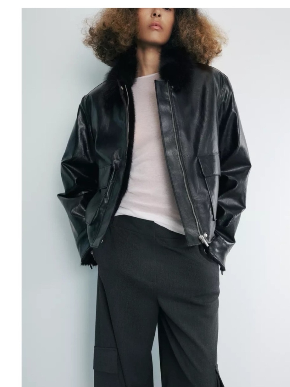 Zara Black Faux Leather Bomber Jacket with Faux Fur Trim